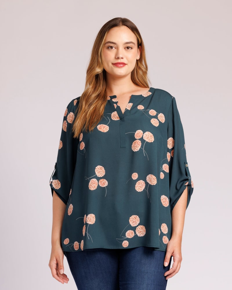 Front of a model wearing a size 3X Garcelle Three-Quarter Sleeve Blouse in B226 DARK TEAL by Daniel Rainn. | dia_product_style_image_id:316712